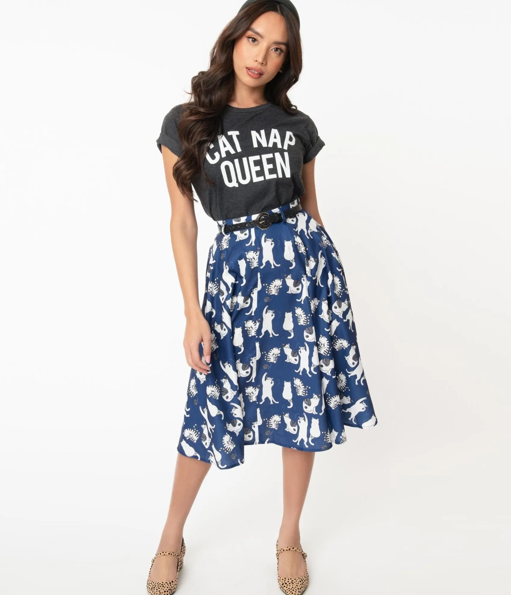 Unique Vintage Vintage Style Navy & White Cat Print Swing Skirt Clearance