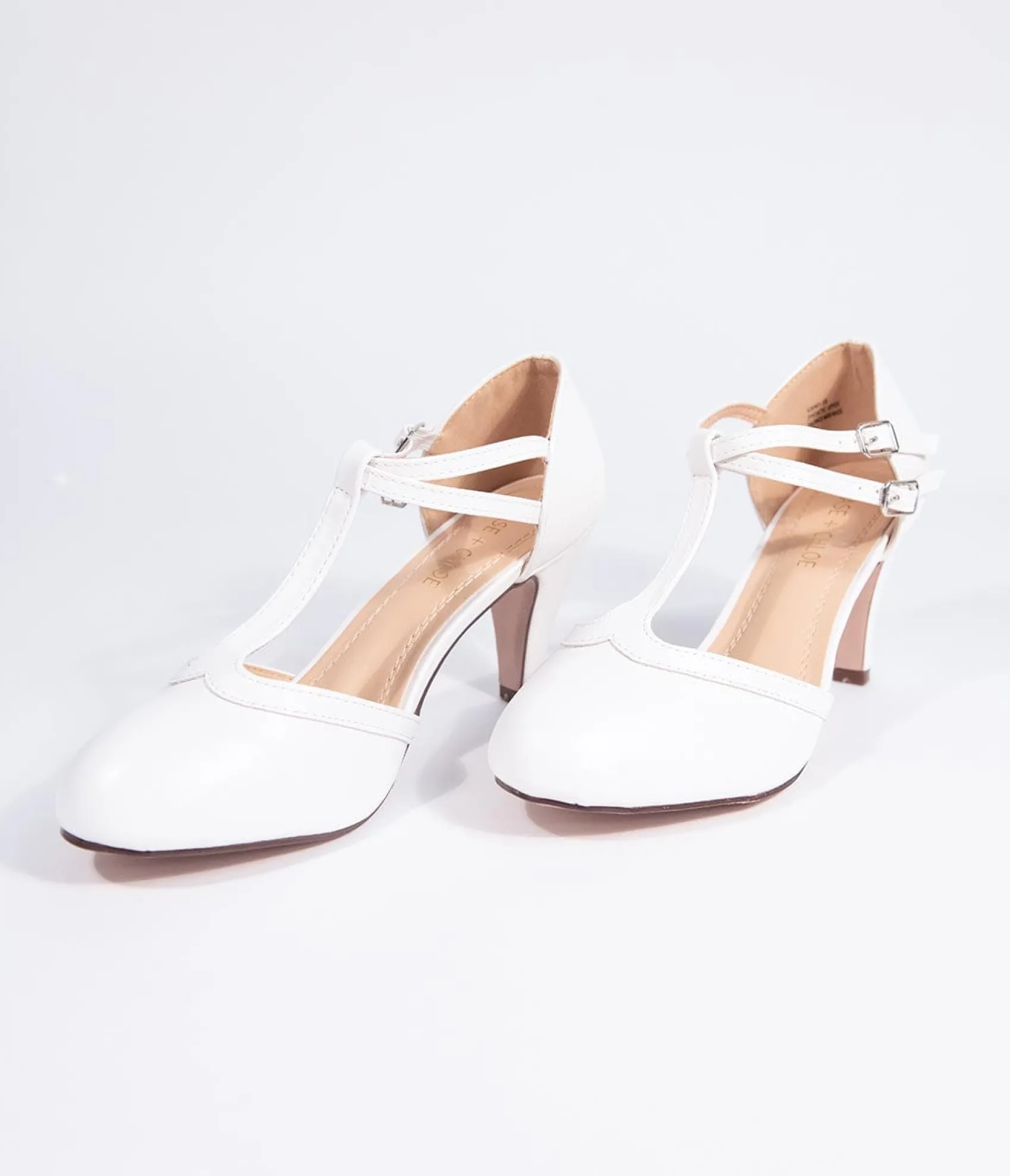 Unique Vintage Vintage Style White Leatherette Round Toe T-Strap Heels Outlet