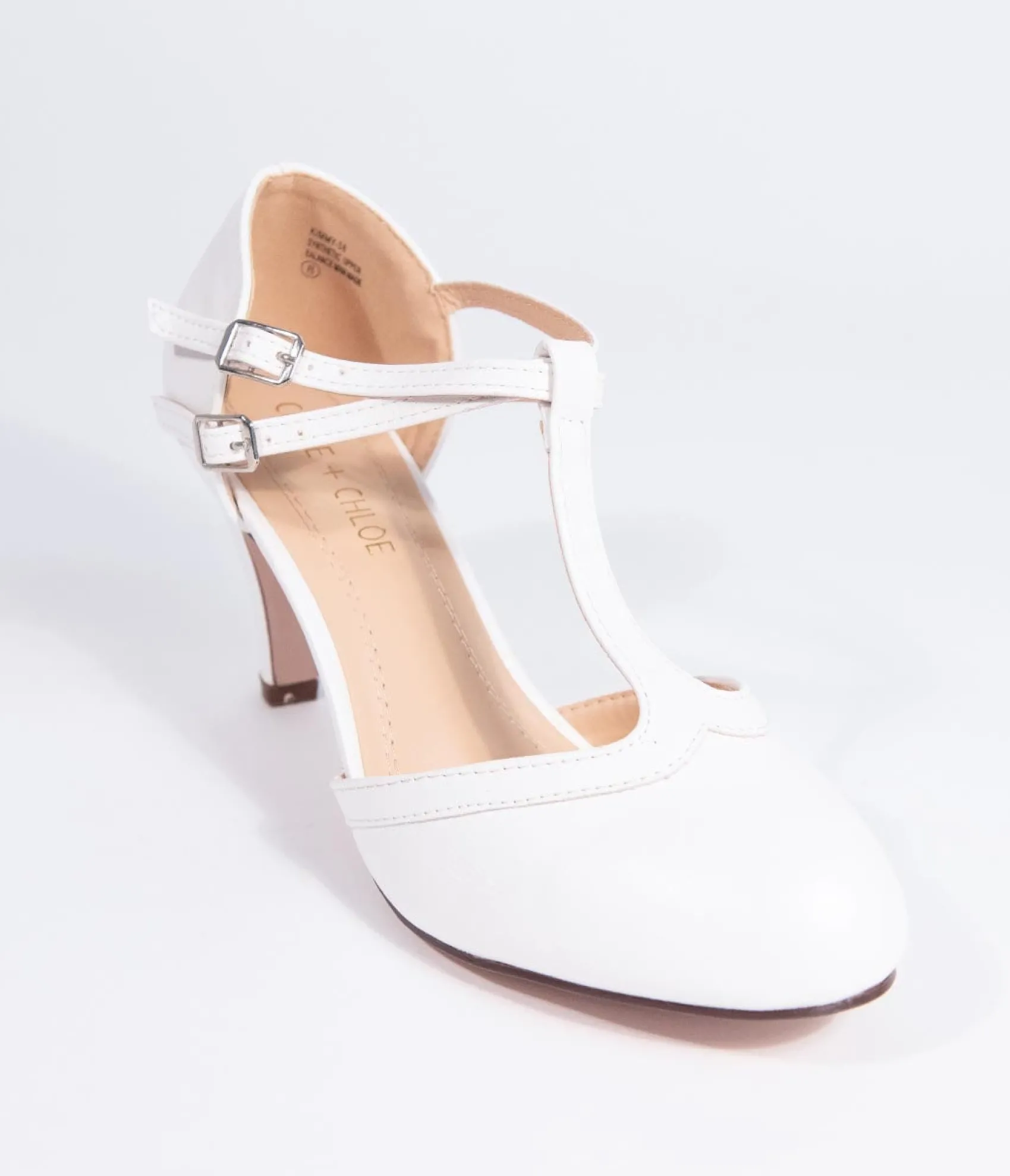 Unique Vintage Vintage Style White Leatherette Round Toe T-Strap Heels Outlet