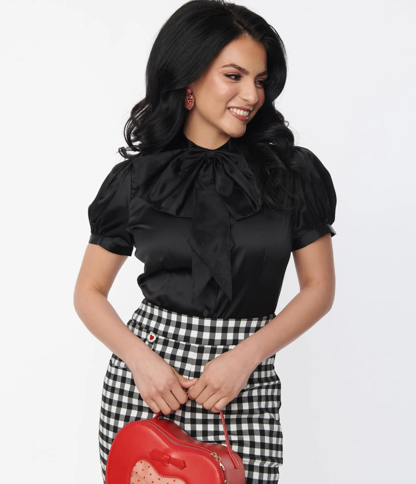 Unique Vintage Voodoo Vixen Black Bold Bow Satin Blouse Best