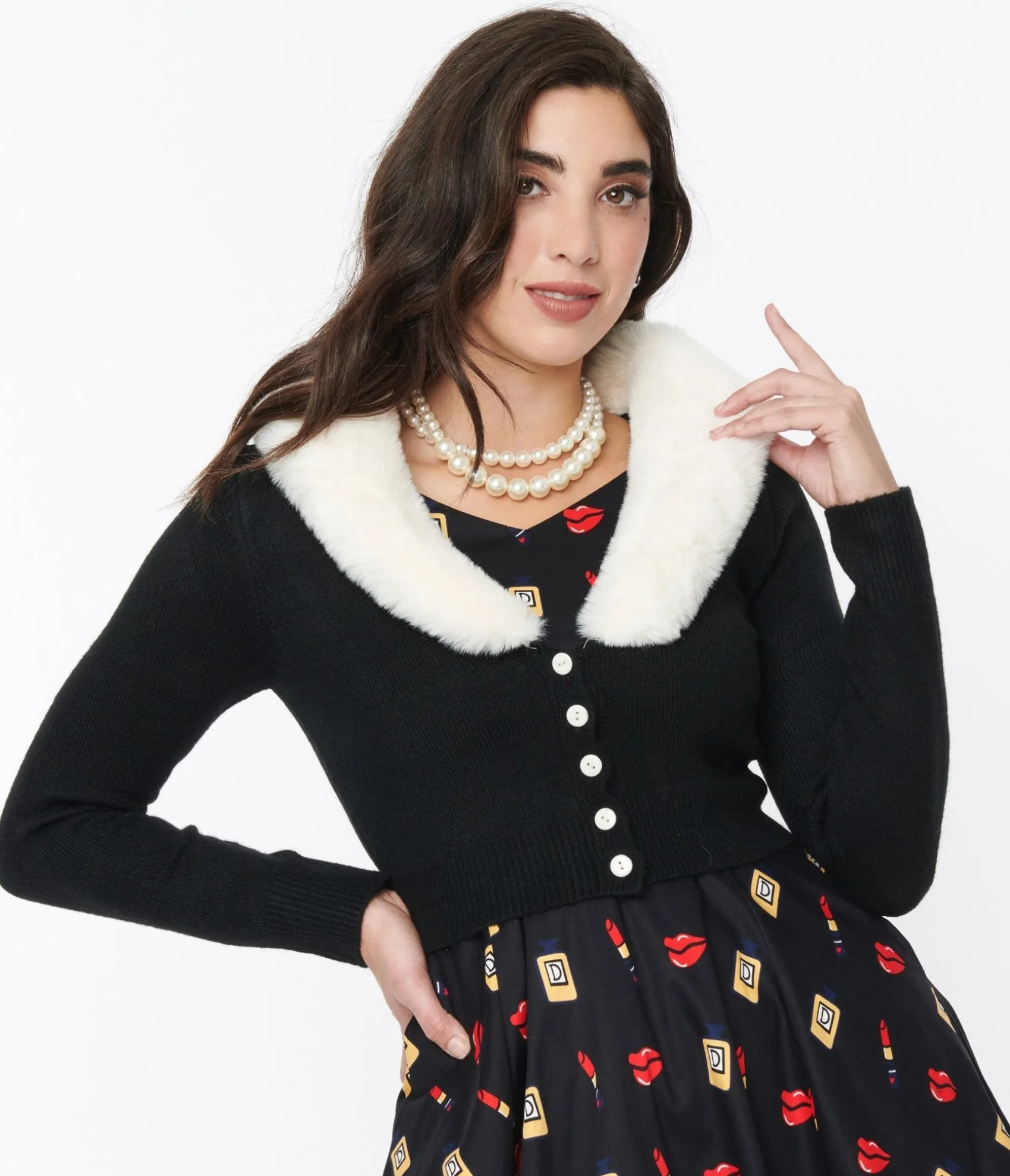 Unique Vintage Voodoo Vixen Black Faux Fur Collar Cropped Cardigan Shop