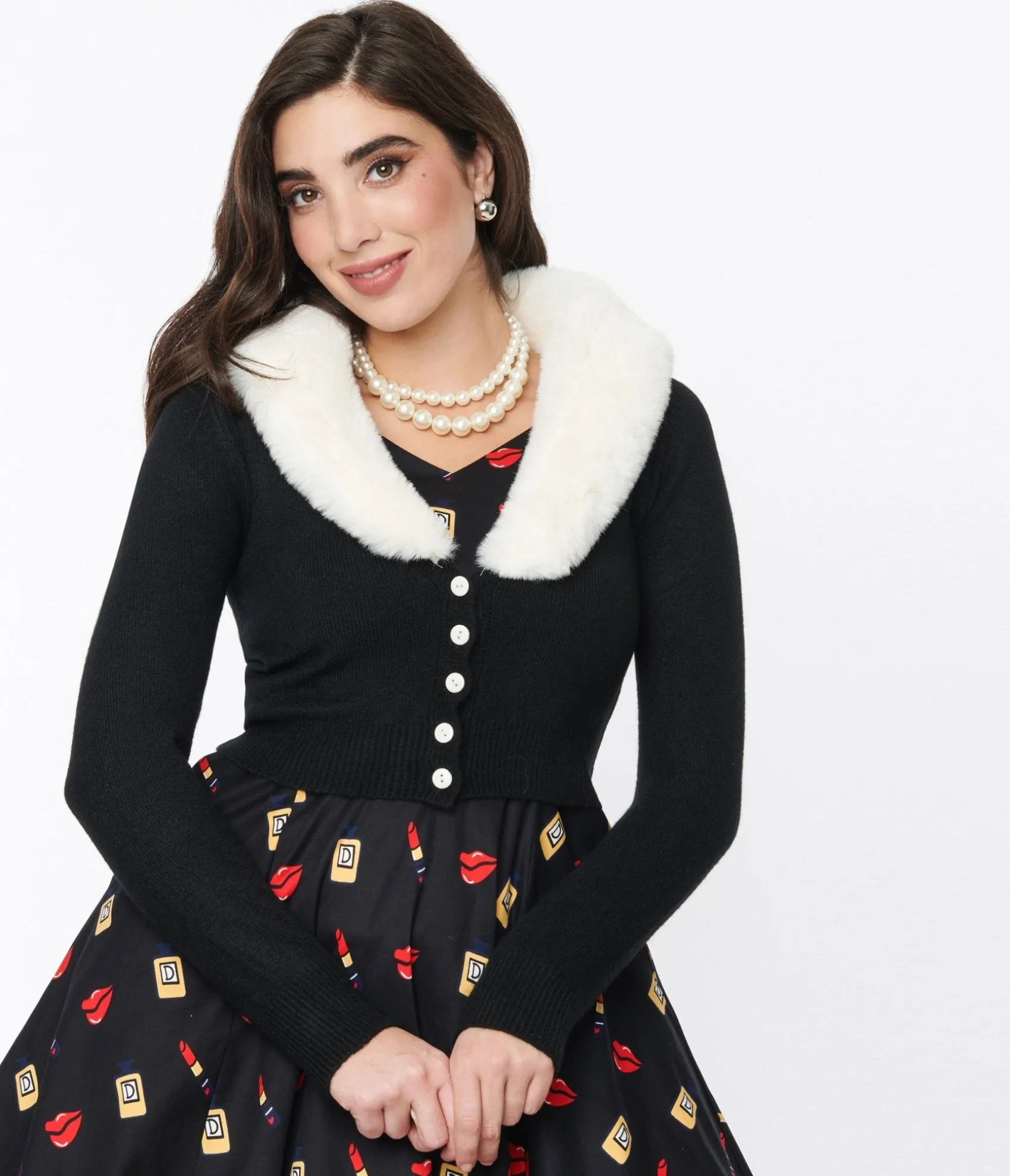 Unique Vintage Voodoo Vixen Black Faux Fur Collar Cropped Cardigan Shop