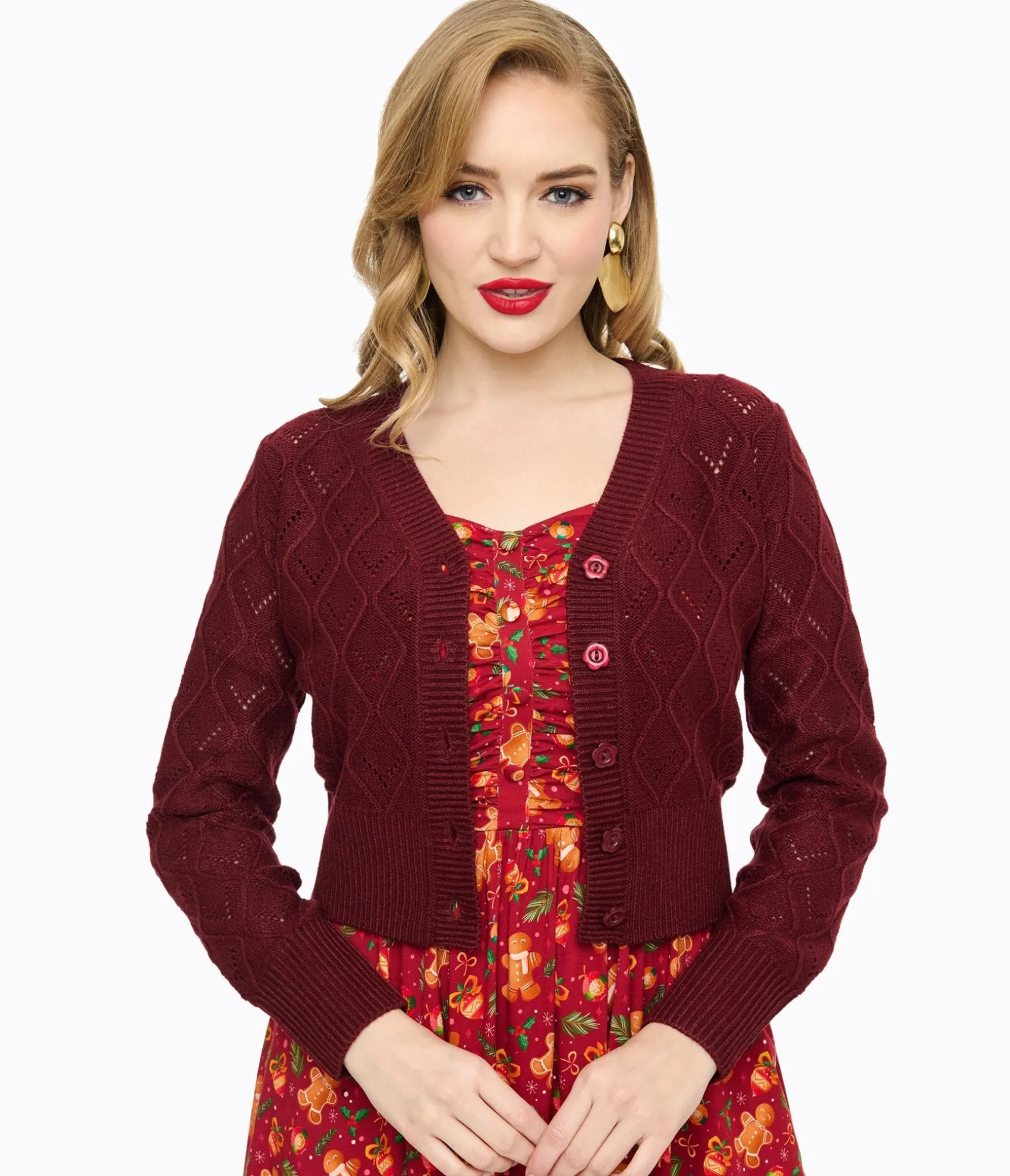 Unique Vintage Voodoo Vixen Burgundy Flower Button Cardigan Shop
