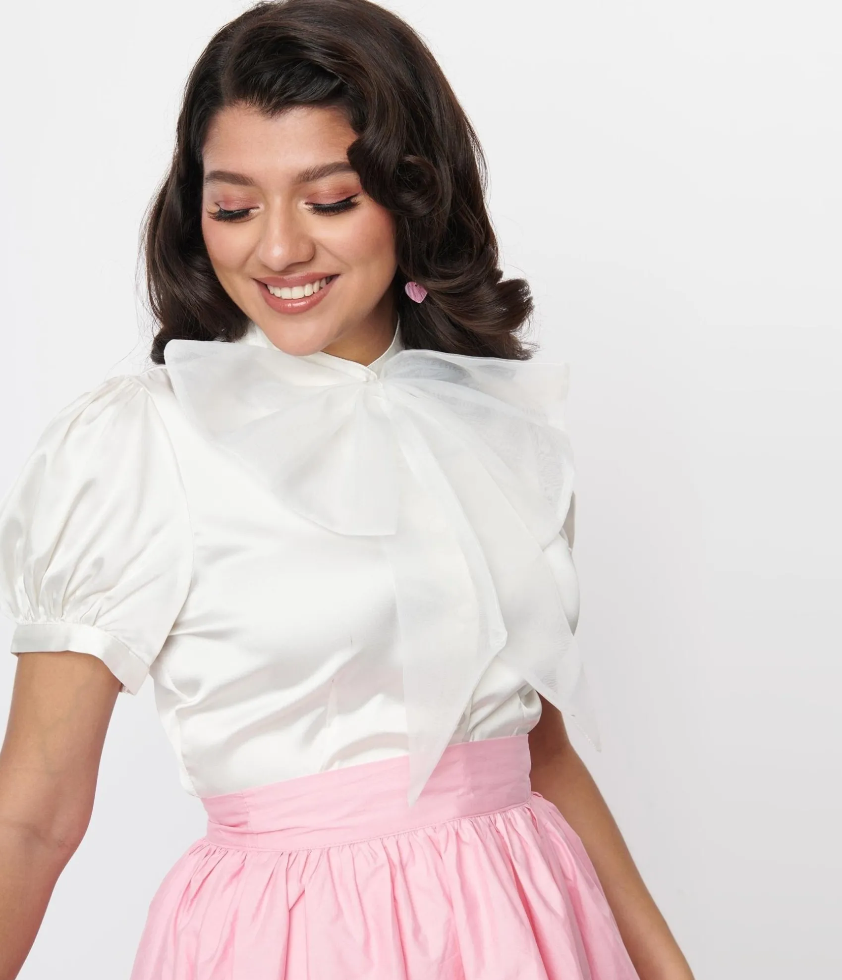 Unique Vintage Voodoo Vixen Ivory Bold Bow Satin Blouse Best Sale