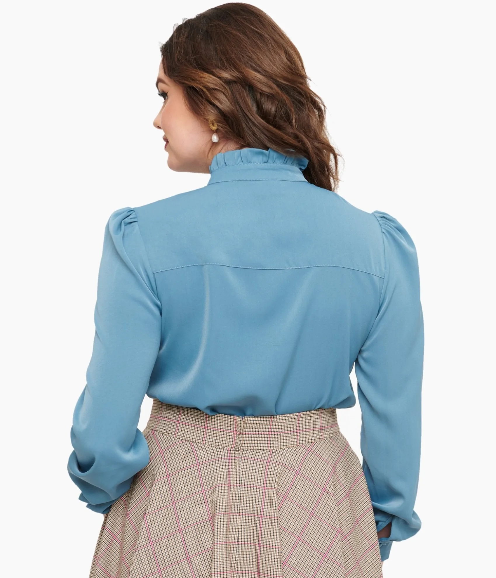 Unique Vintage Voodoo Vixen 1950s Blue Keyhole Tie Neck Blouse Outlet