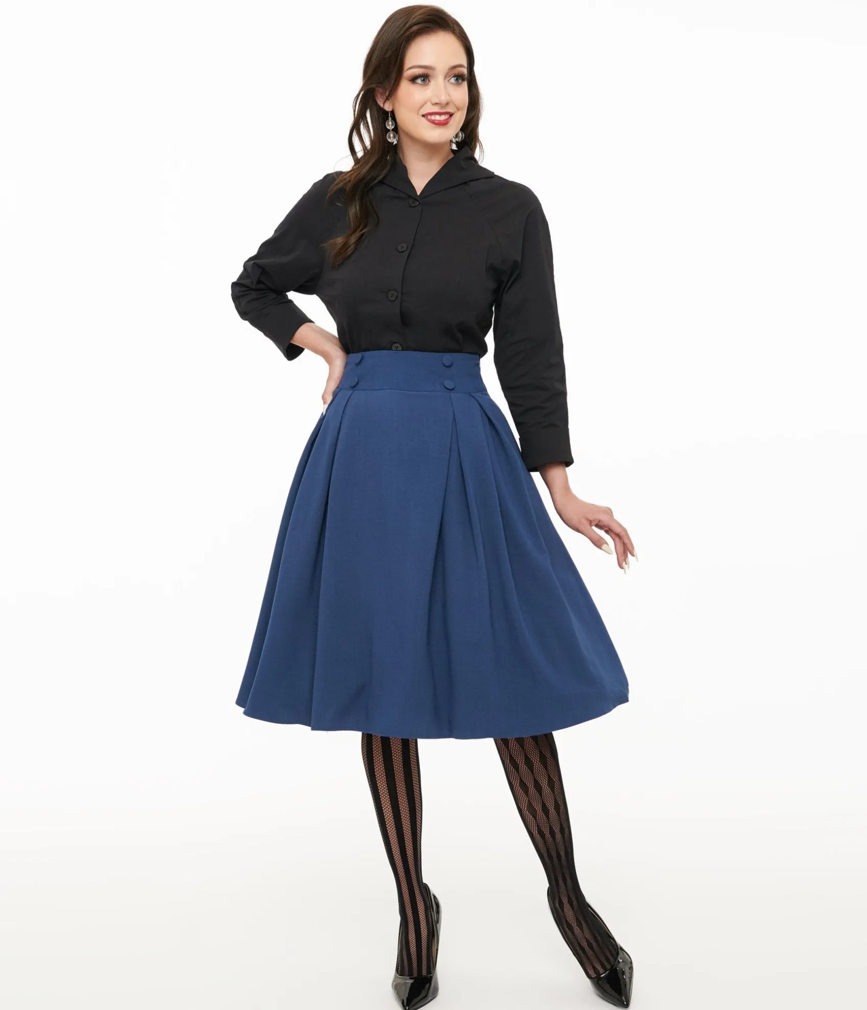 Unique Vintage Voodoo Vixen 1950s Blue Pleated High Waist Flare Skirt New