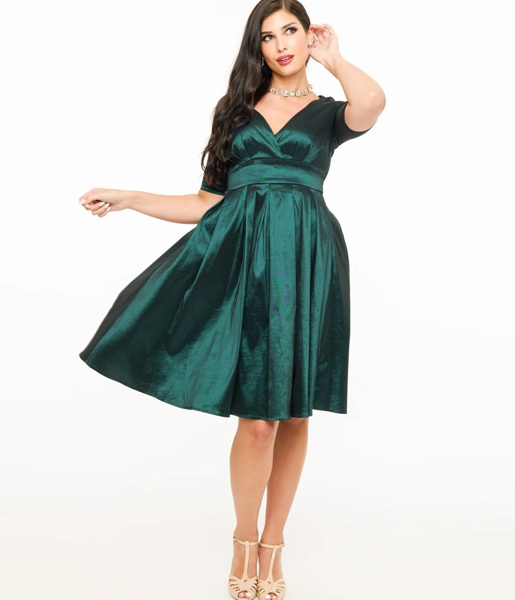 Unique Vintage Voodoo Vixen 1950s Emerald Taffeta Sweetheart Fit & Flare Dress Best Sale
