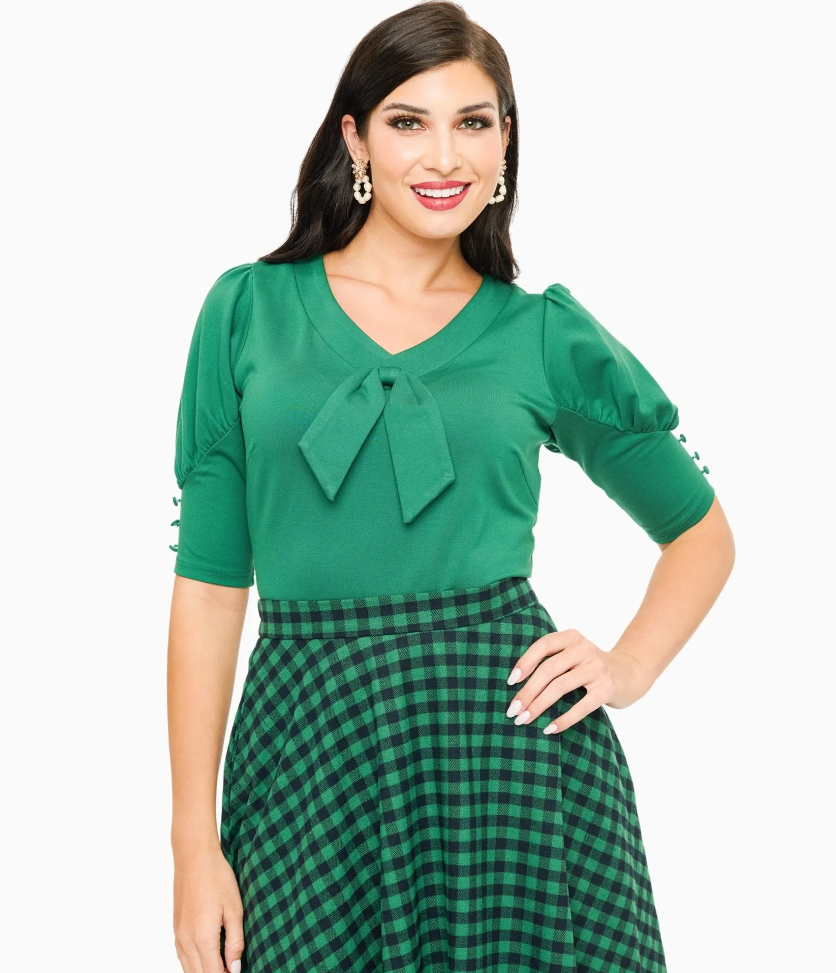 Unique Vintage Voodoo Vixen 1950s Green Front Tie Jersery Knit Top Cheap