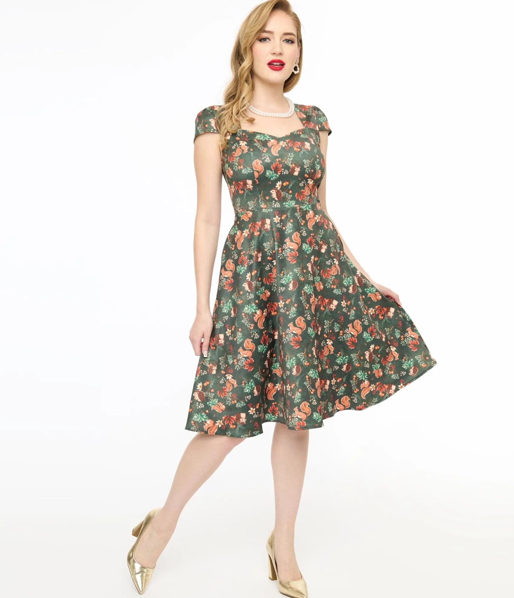 Unique Vintage Voodoo Vixen 1950s Green Woodland Creatures Print Swing Dress Outlet