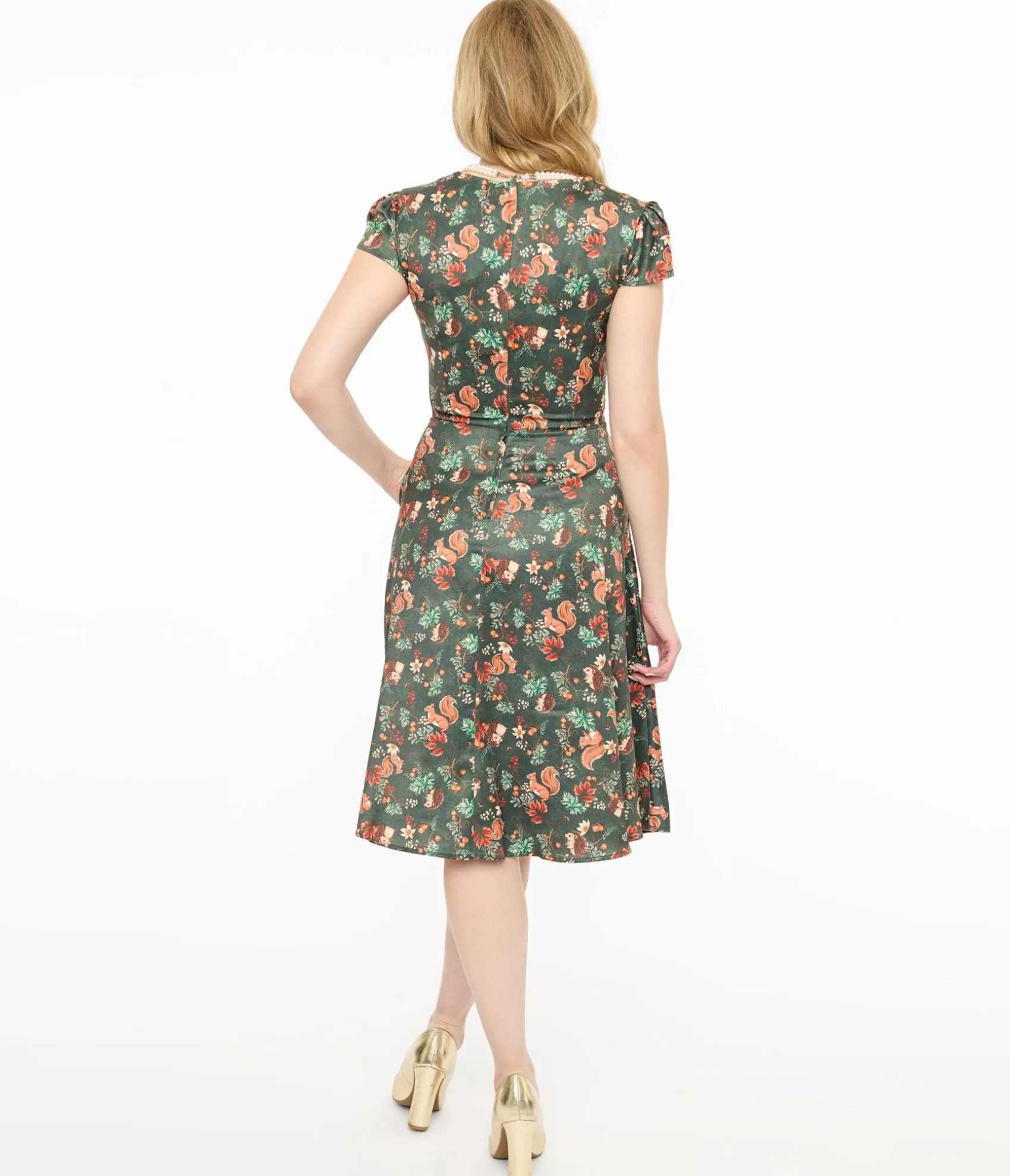 Unique Vintage Voodoo Vixen 1950s Green Woodland Creatures Print Swing Dress Outlet