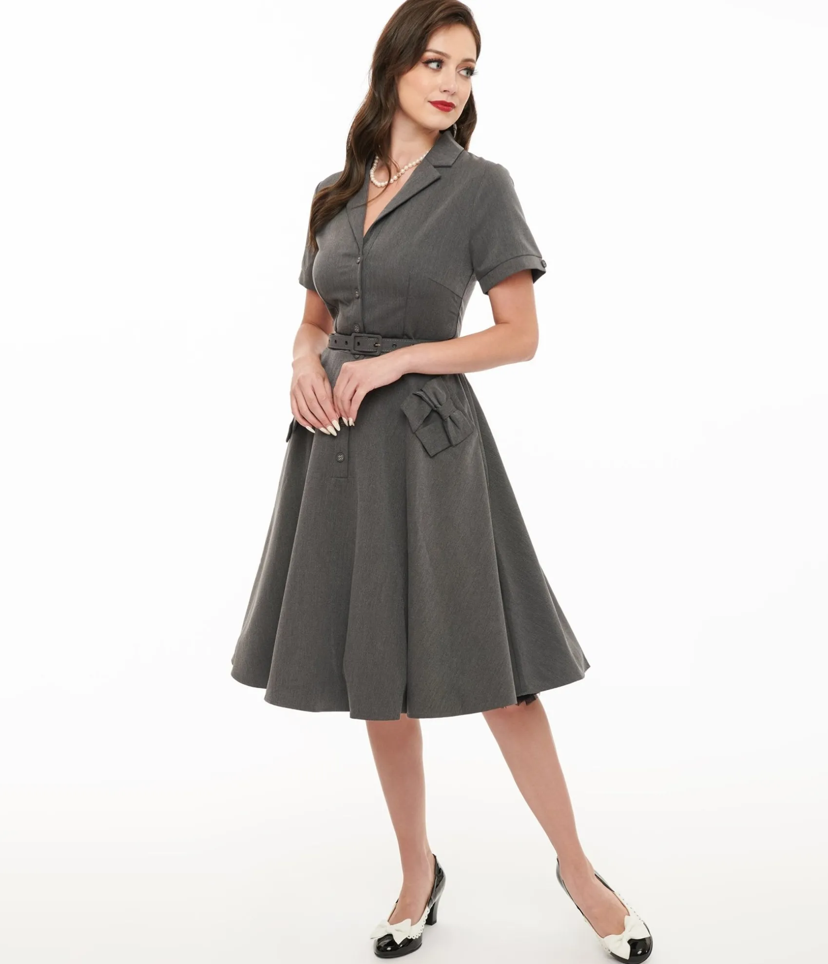 Unique Vintage Voodoo Vixen 1950s Grey Bow Fit & Flare Dress Online