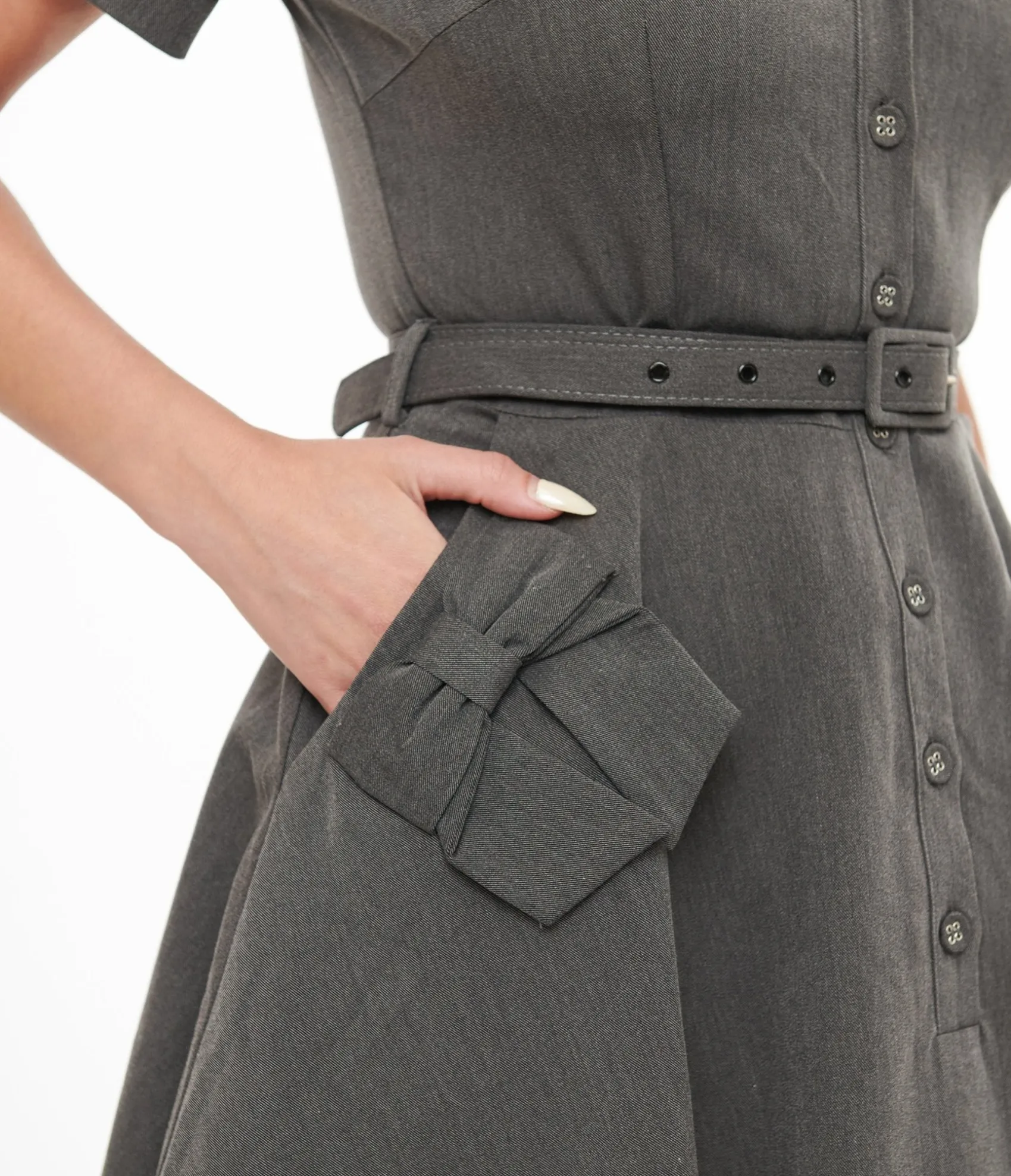 Unique Vintage Voodoo Vixen 1950s Grey Bow Fit & Flare Dress Online