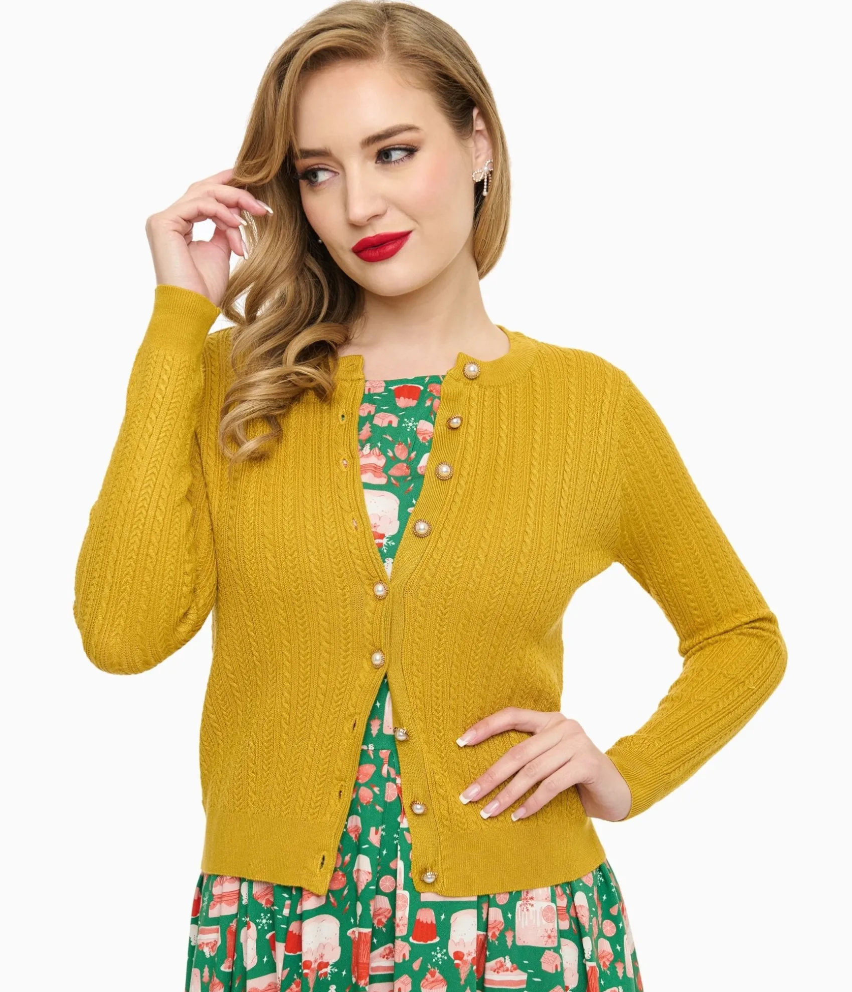 Unique Vintage Voodoo Vixen 1950s Mustard Yellow Textured Cardigan Shop