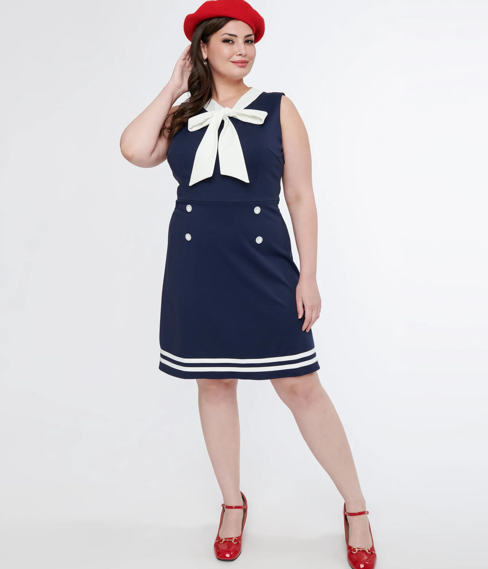 Unique Vintage Voodoo Vixen 1950s Navy & White Nautical Bow Dress New