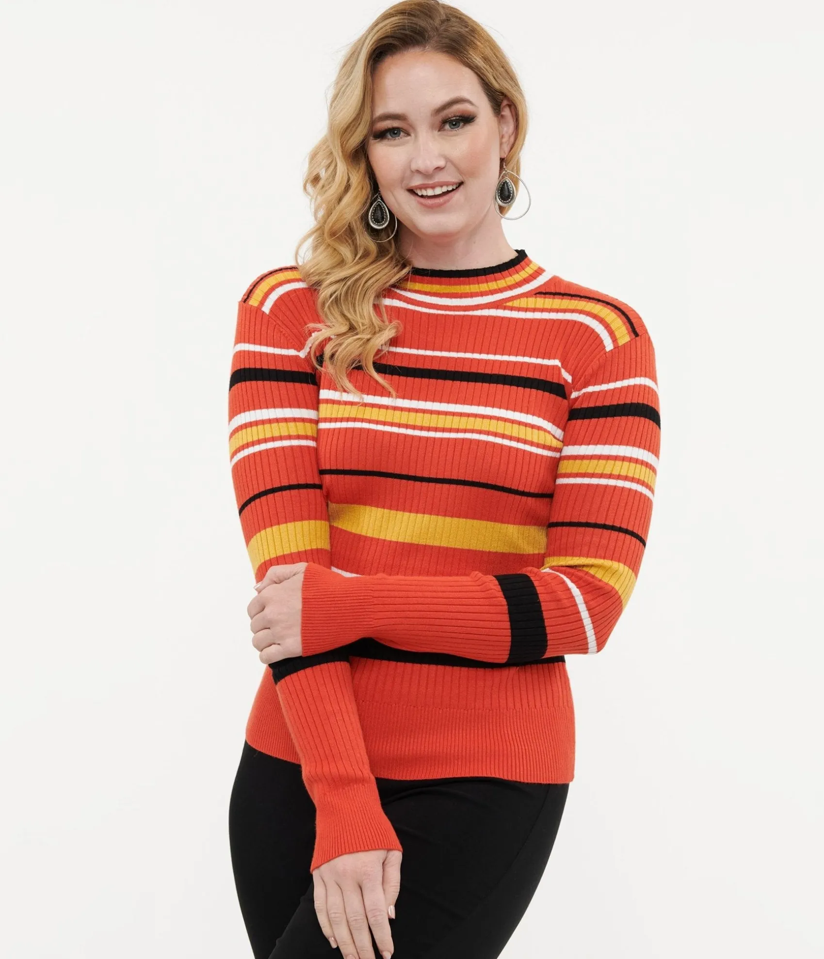 Unique Vintage Voodoo Vixen 1970s Orange Striped High Neck Sweater Flash Sale
