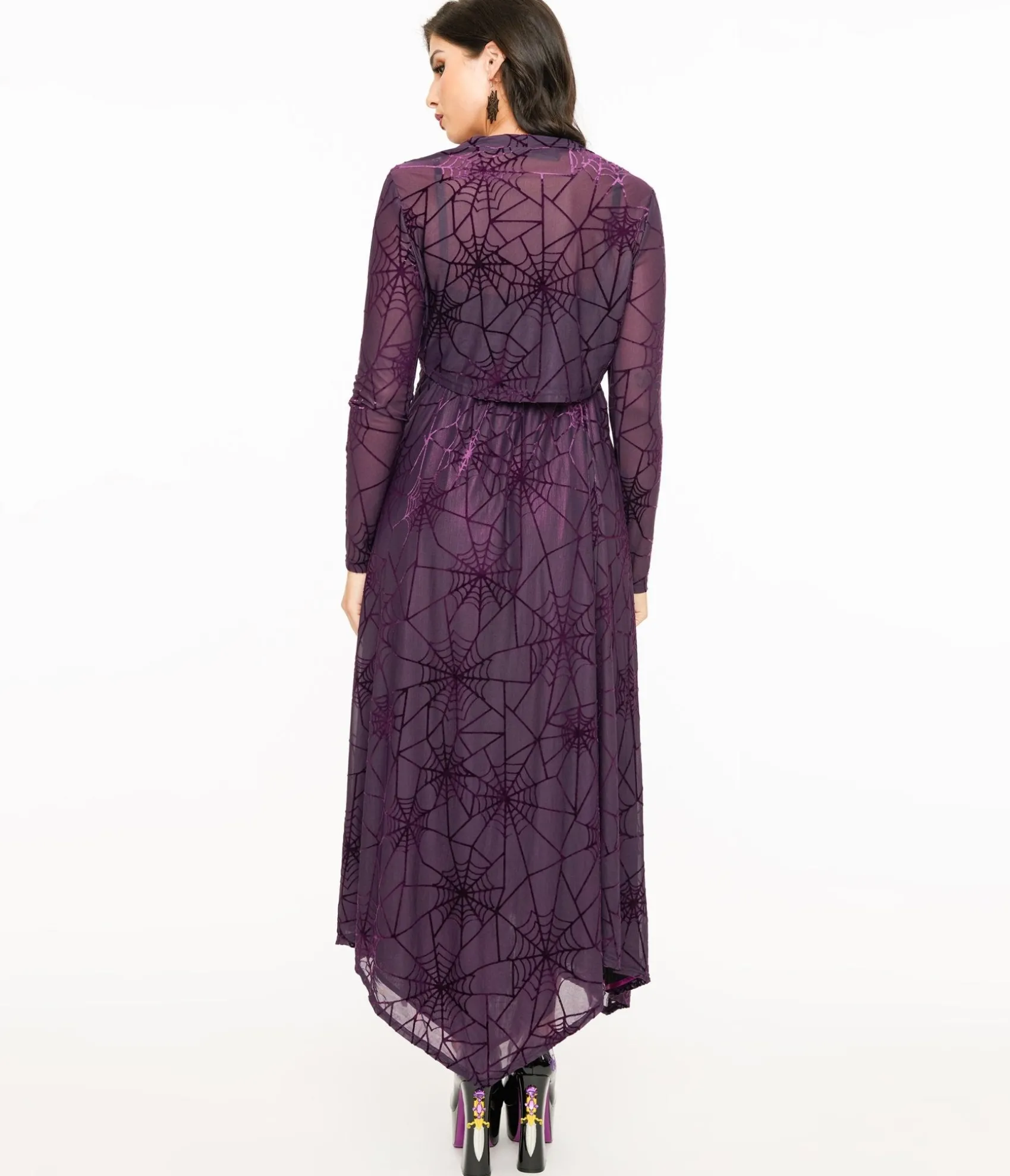Unique Vintage Wax Poetic Purple & Black Spiderweb Willow Maxi Dress & Bolero Set Fashion