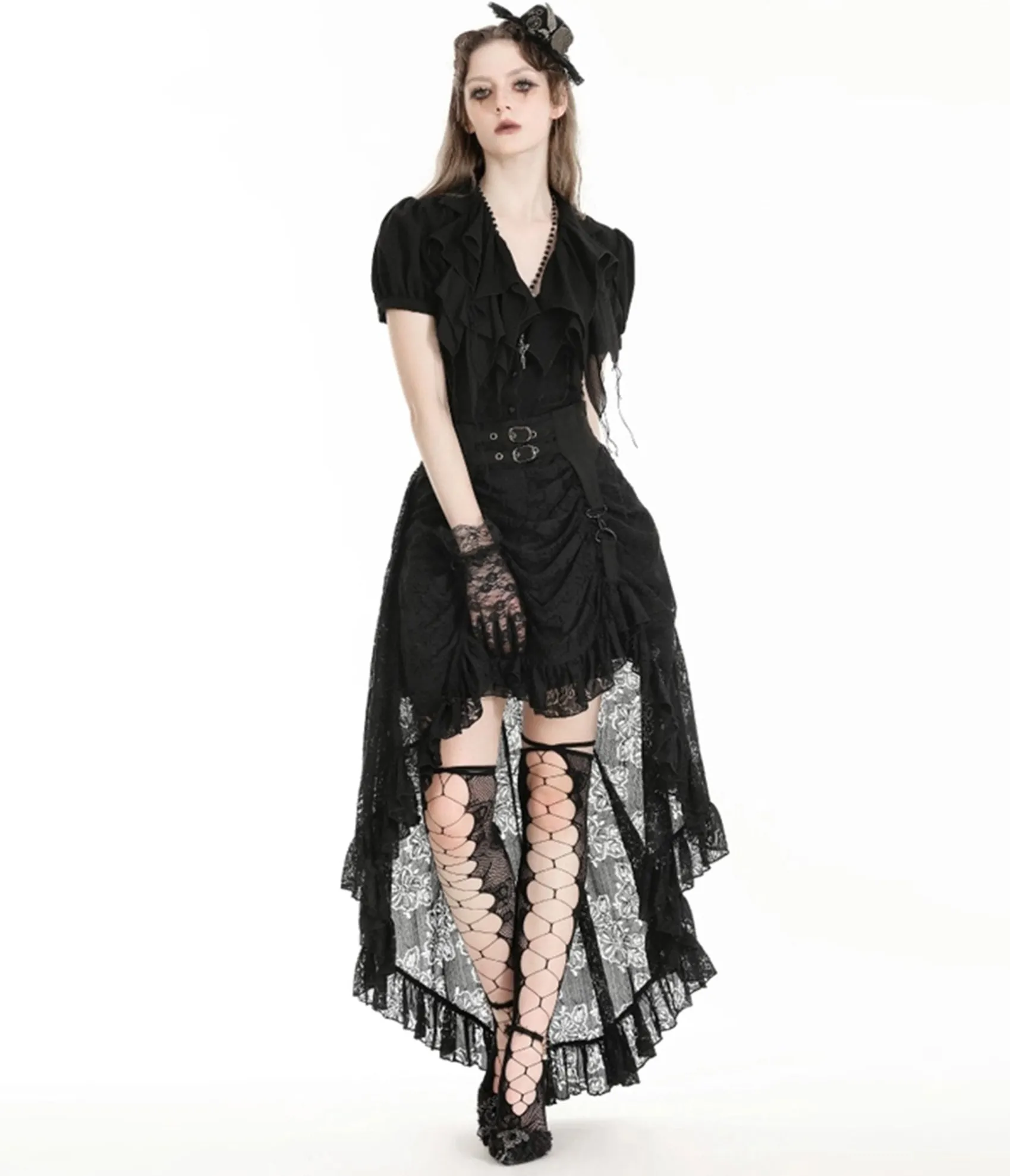 Unique Vintage Western Fashion Gothic Princess Black Lace Hi Low Skirt New
