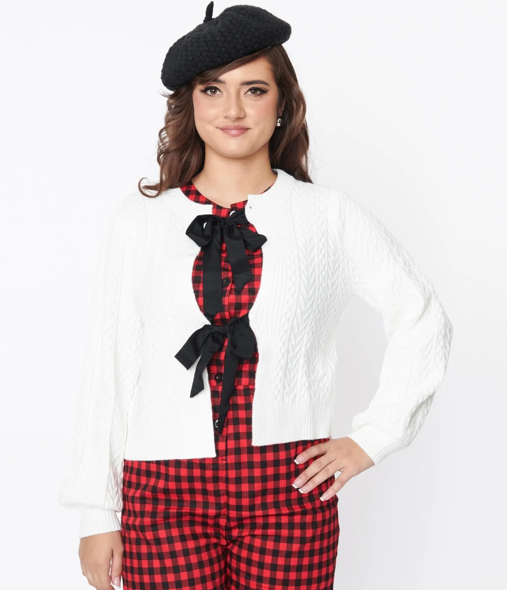 Unique Vintage White & Black Bow Tie Cardigan Cheap