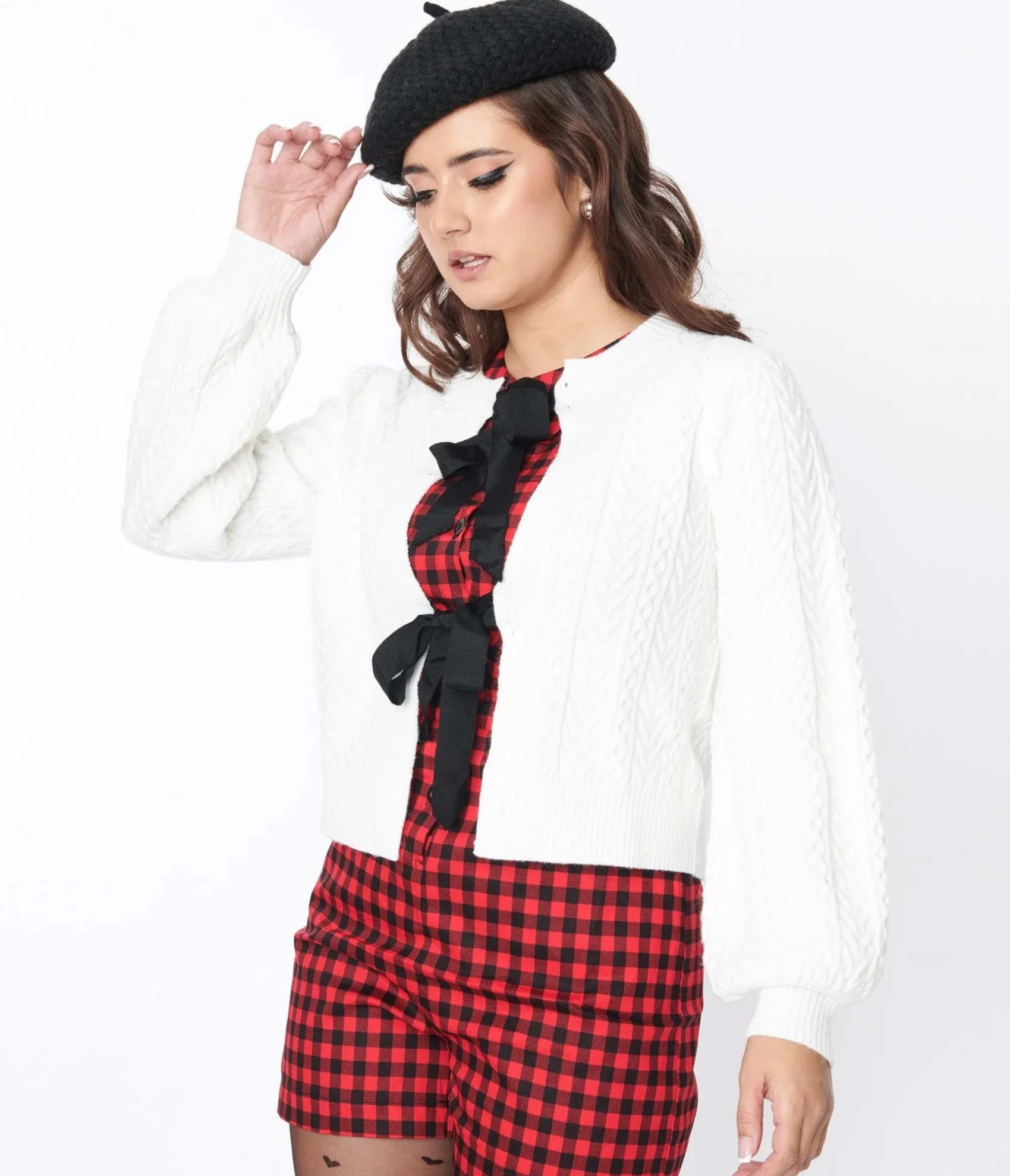 Unique Vintage White & Black Bow Tie Cardigan Cheap