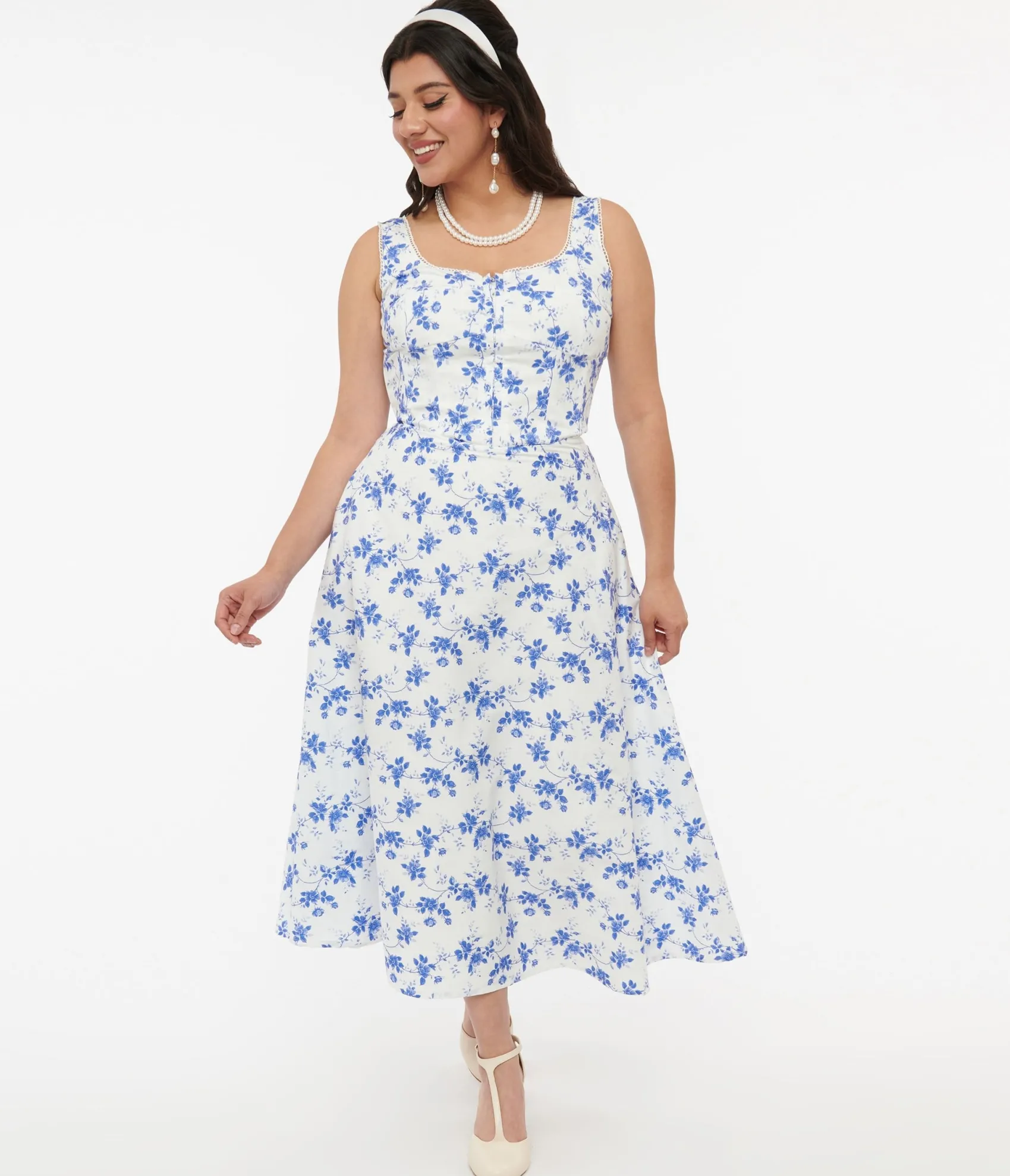 Unique Vintage White & Blue Floral Cotton Midi Dress Best Sale