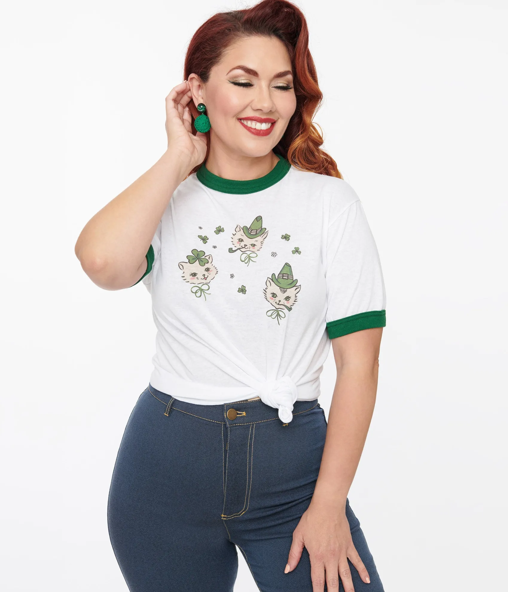 Unique Vintage White & Green Saint Paddy Cats Fitted Graphic Tee Cheap