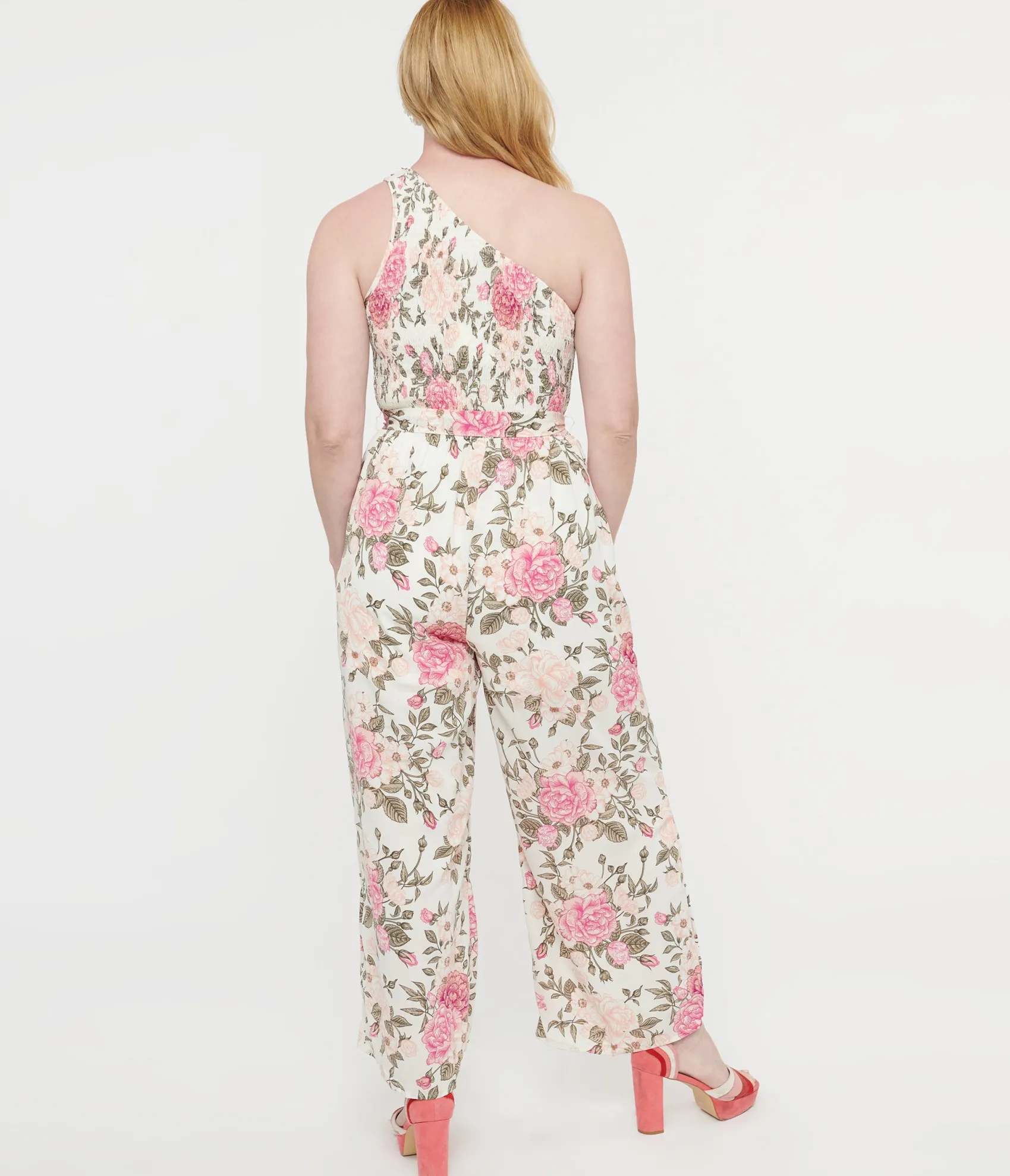 Unique Vintage White & Pink Floral Asymmetrical Chiffon Jumpsuit Cheap