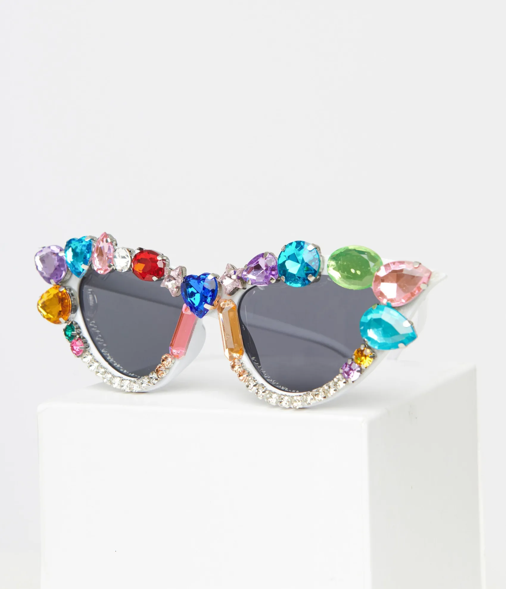 Unique Vintage White & Rainbow Gemstone Cat Eye Sunglasses Clearance