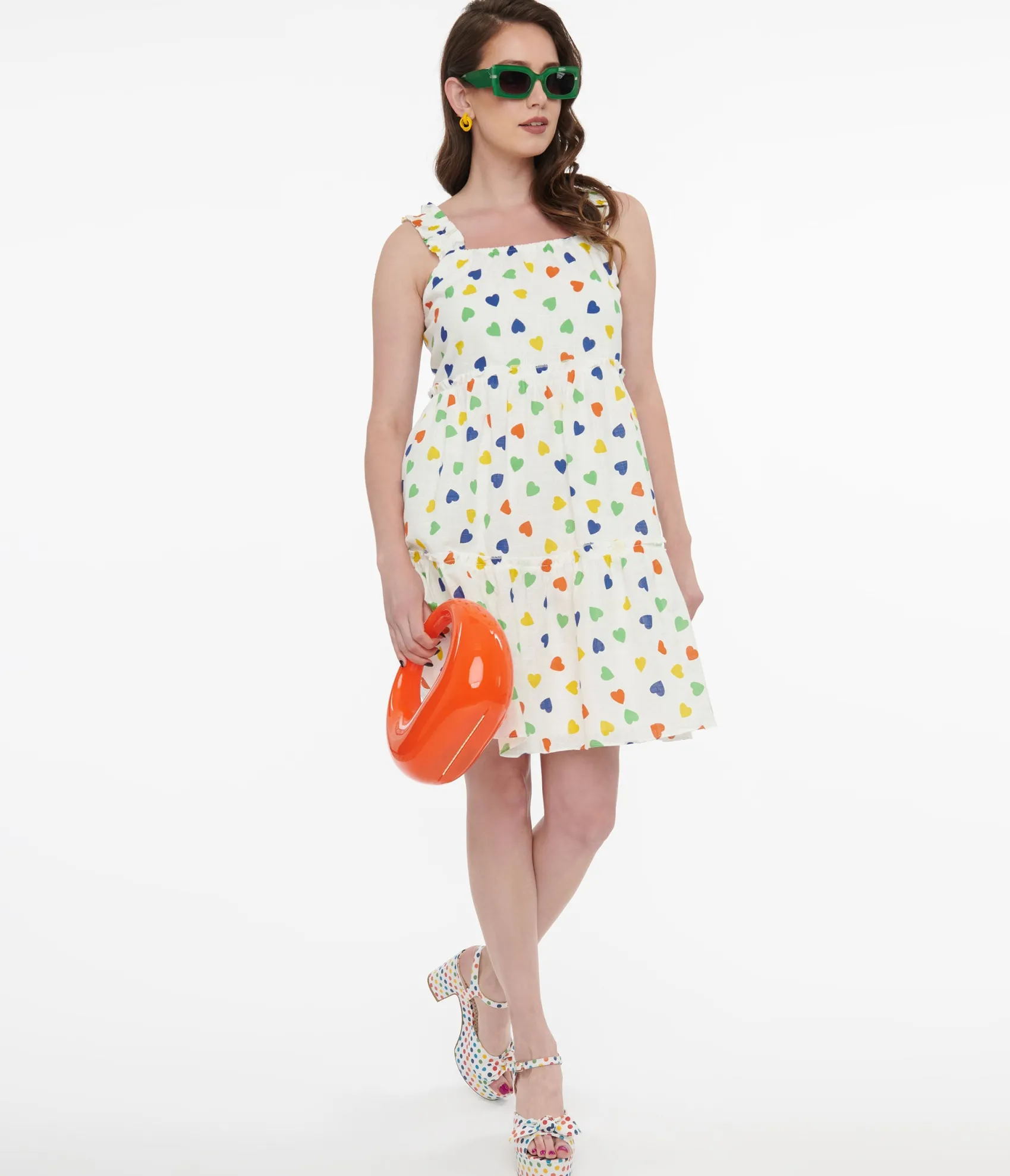 Unique Vintage White & Rainbow Heart Cotton Shift Dress Sale