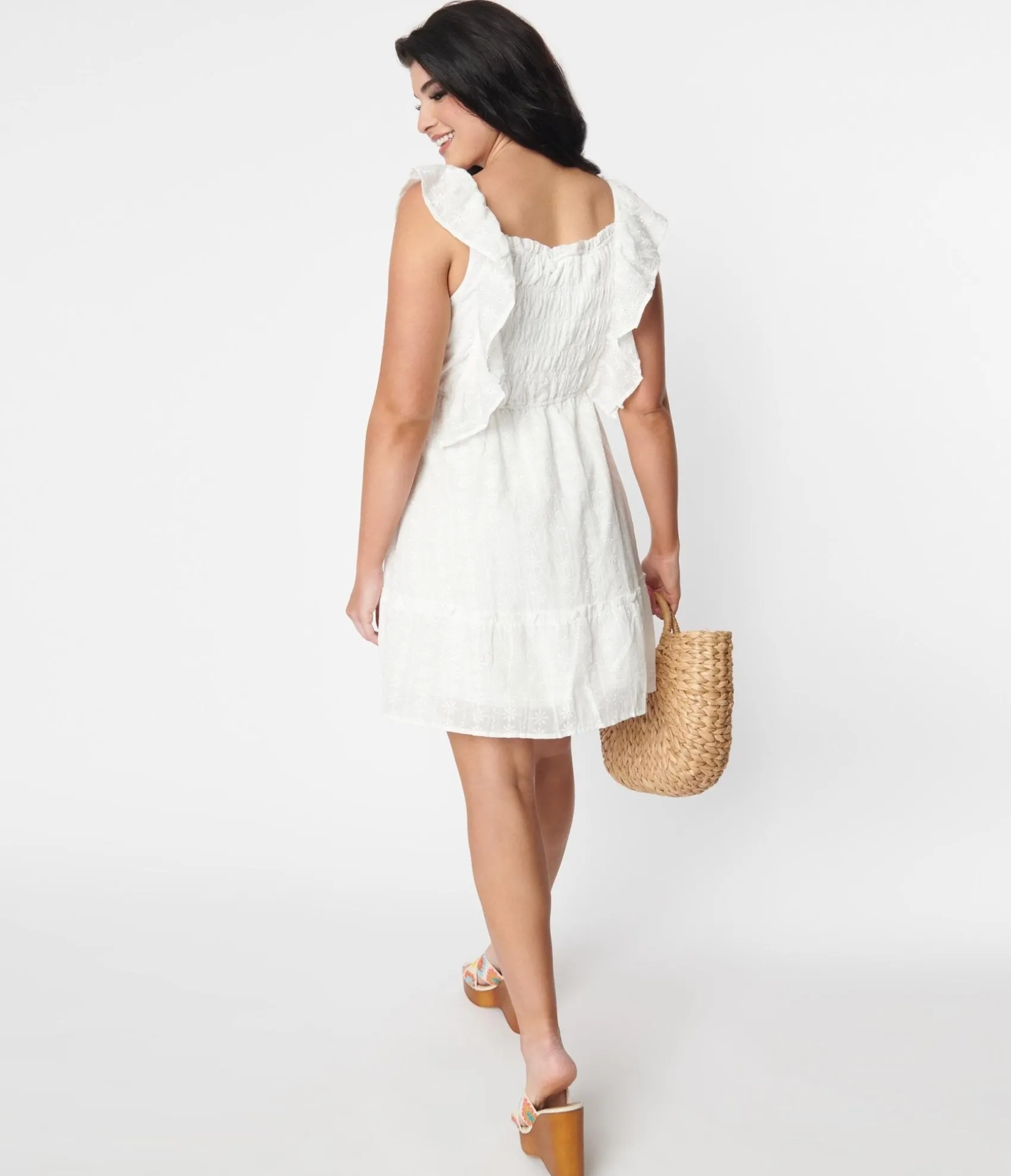 Unique Vintage White Floral Embroidered Ruffled Shift Dress Fashion