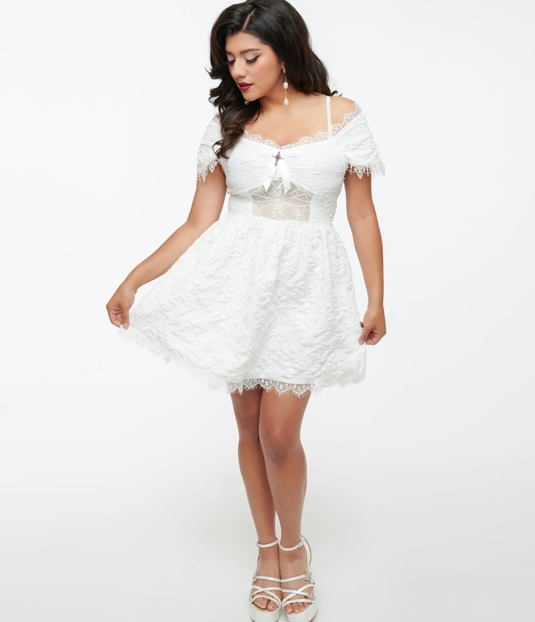 Unique Vintage White Goth Lace Mini Dress Cheap