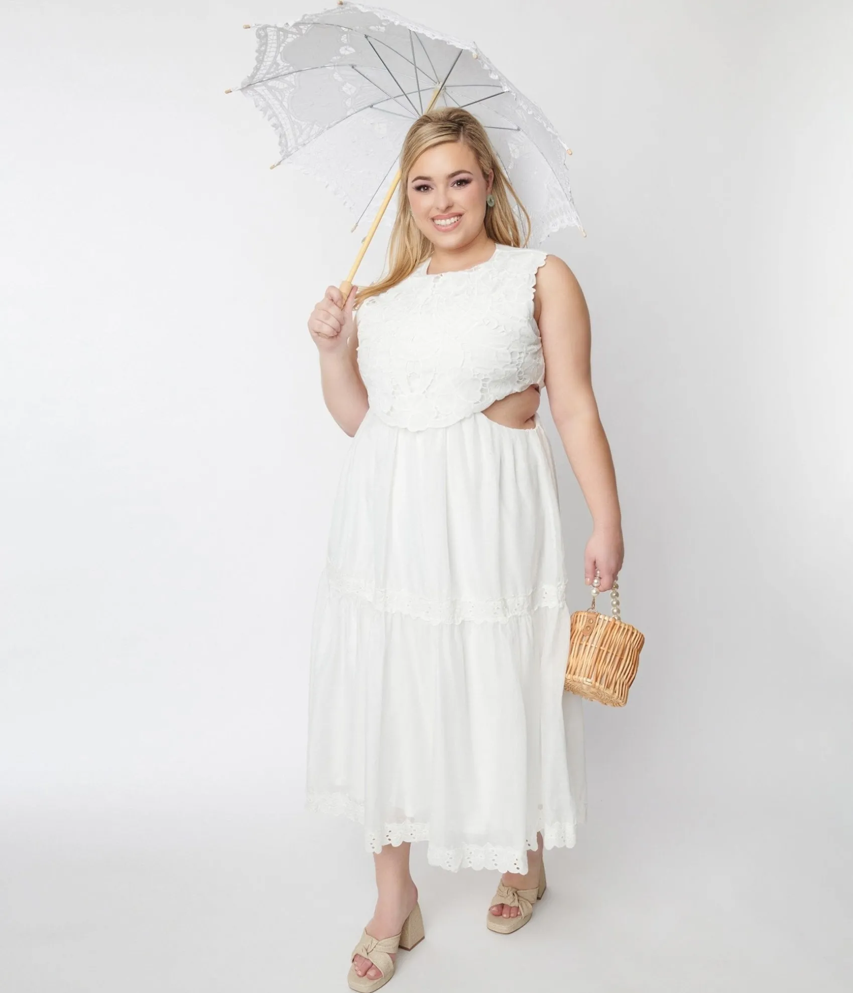 Unique Vintage White Lace Front Midi Dress Store