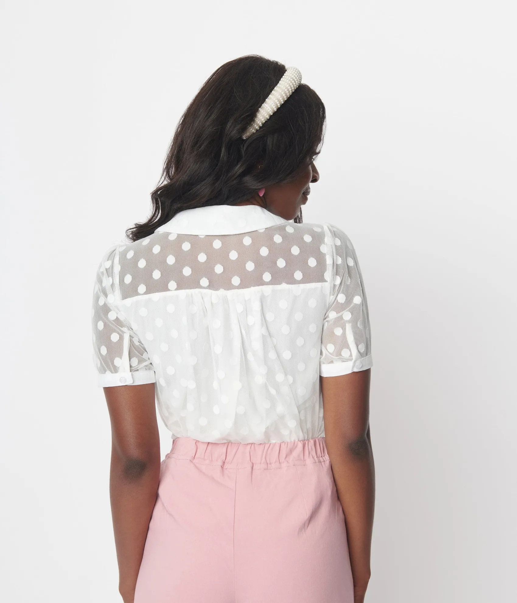 Unique Vintage White Polka Dot Mesh Button Down Top Cheap