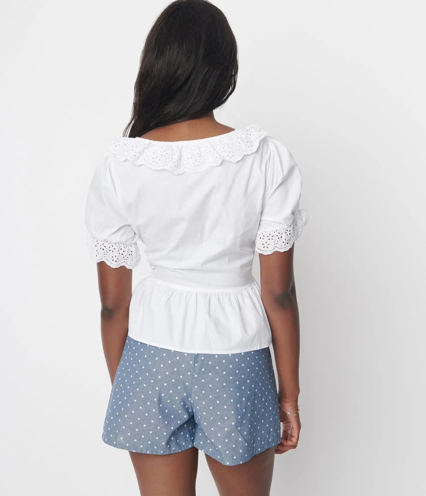 Unique Vintage White Scallop Eyelet Trim Fernanda Blouse Clearance