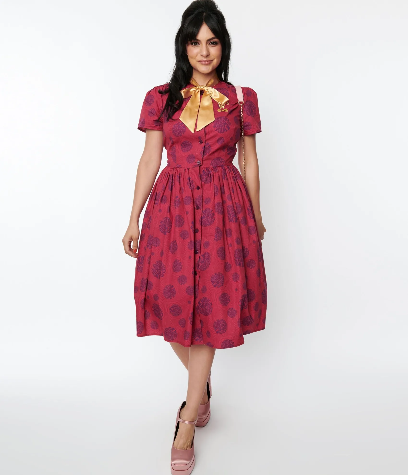 Unique Vintage Willy Wonka x Berry Swirls & Gold Bow Swing Dress Cheap