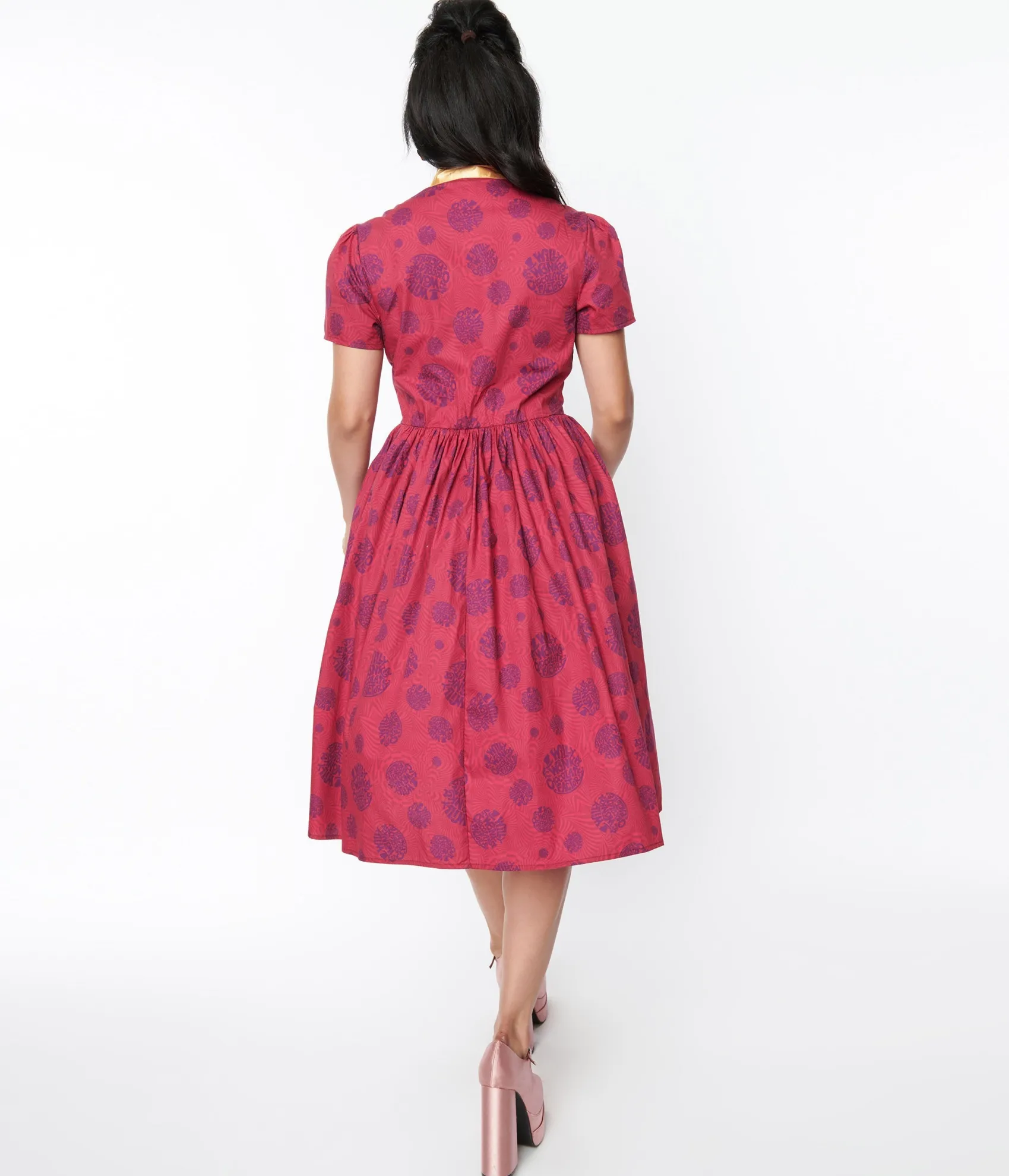 Unique Vintage Willy Wonka x Berry Swirls & Gold Bow Swing Dress Cheap