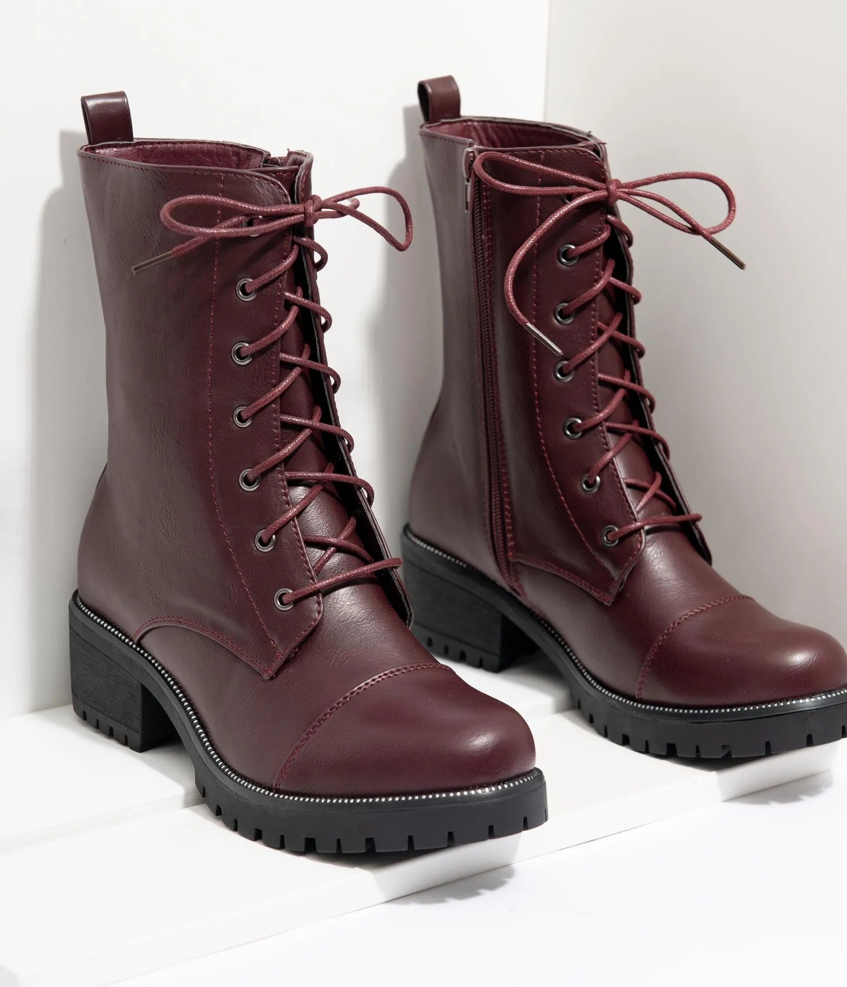 Unique Vintage Wine Leatherette Lace Up Combat Boots Store