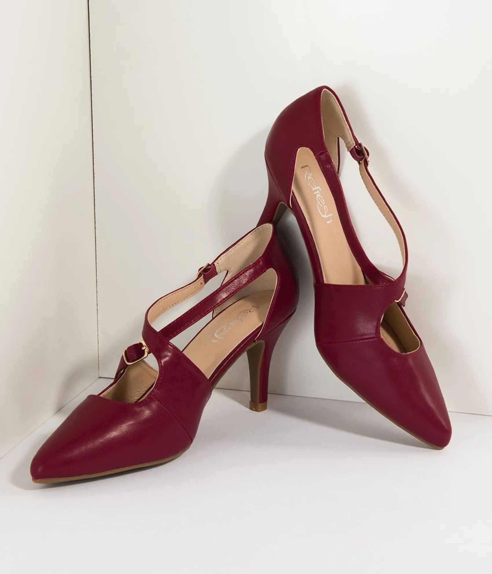 Unique Vintage Wine Red Leatherette Cross Strap Pointed Toe Pumps Clearance