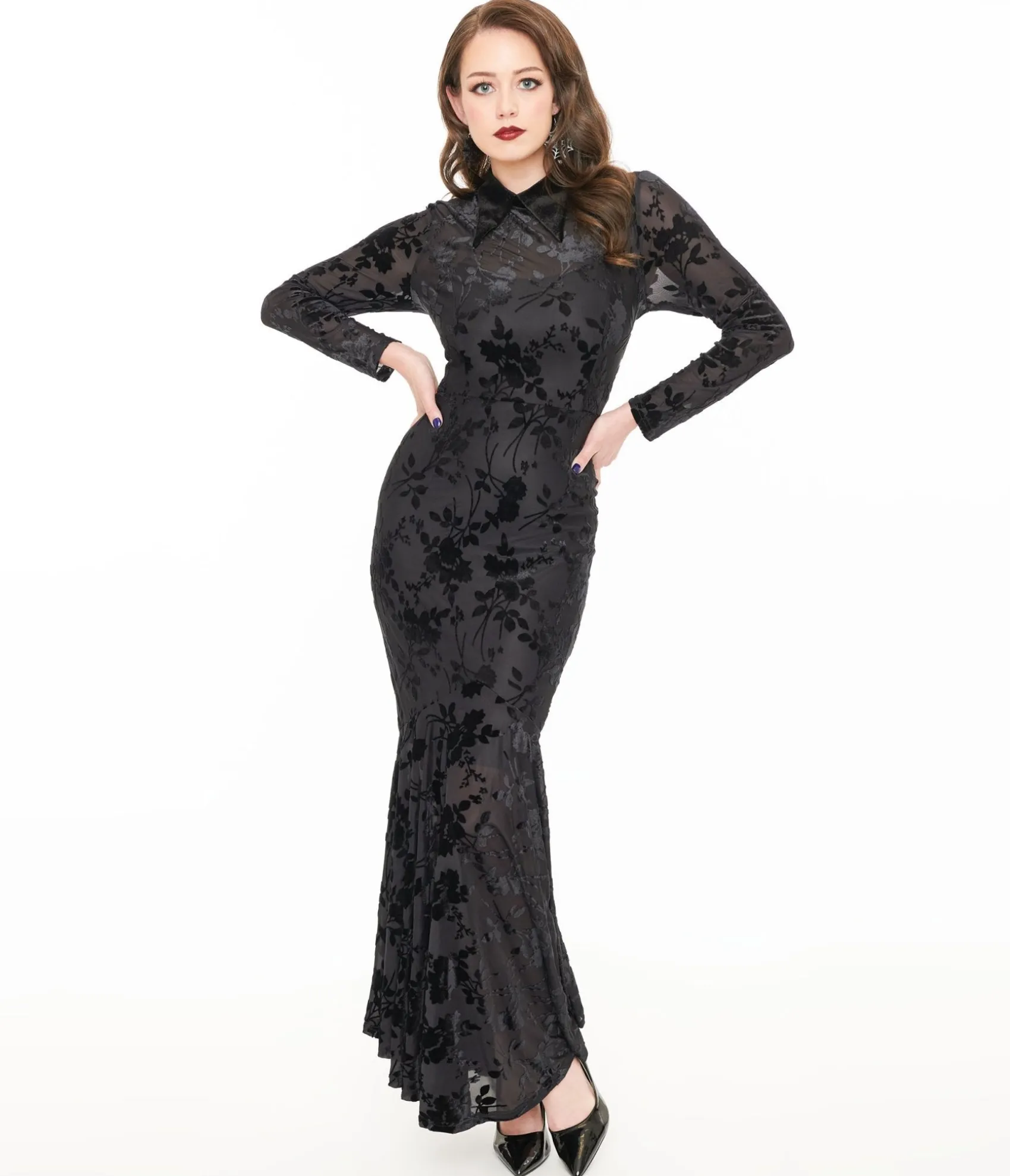 Unique Vintage Witchwood Bags Black Sheer Velvet Flocked Floral Ophelia Maxi Mermaid Dress Clearance