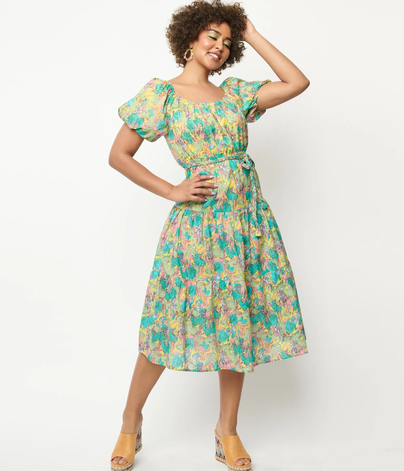 Unique Vintage Yellow & Green Floral Tiered Midi Dress Store