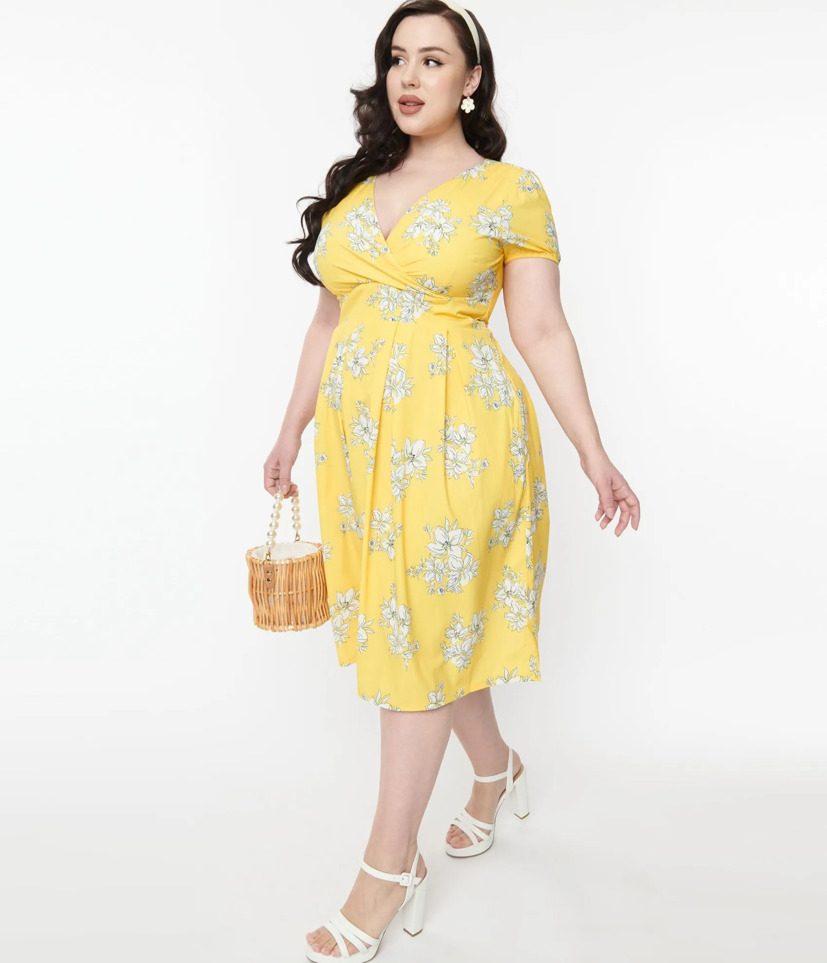 Unique Vintage Yellow & White Floral Surplice Swing Dress Clearance