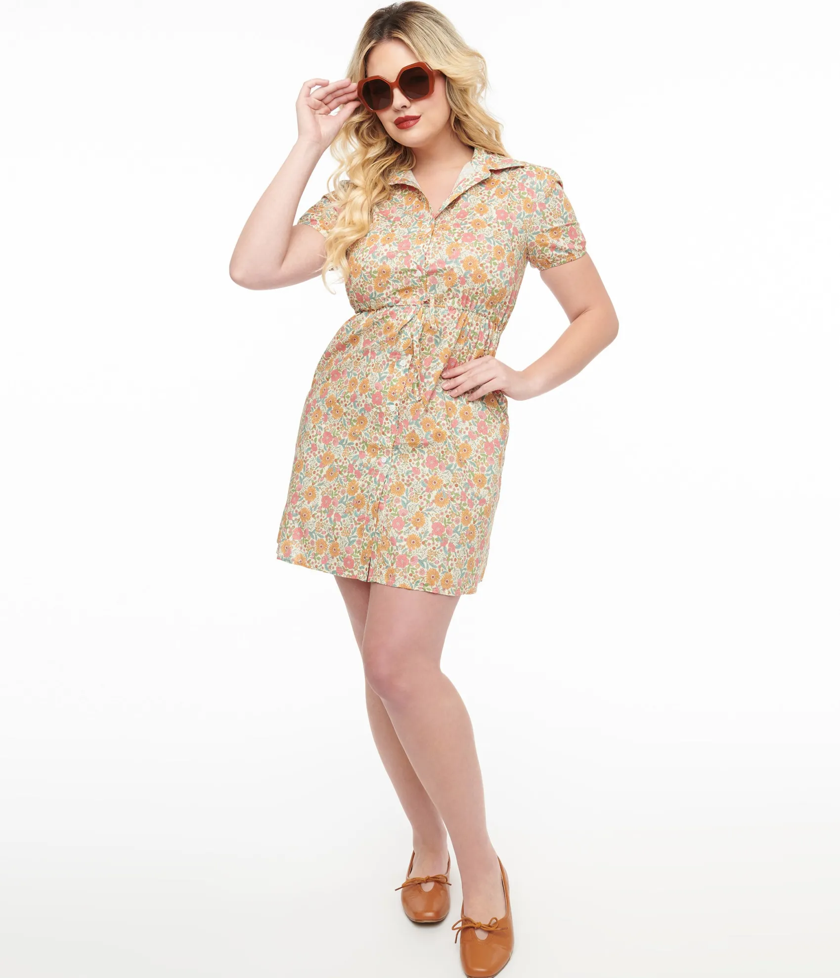 Unique Vintage Yellow Floral Cotton Shirt Dress Flash Sale