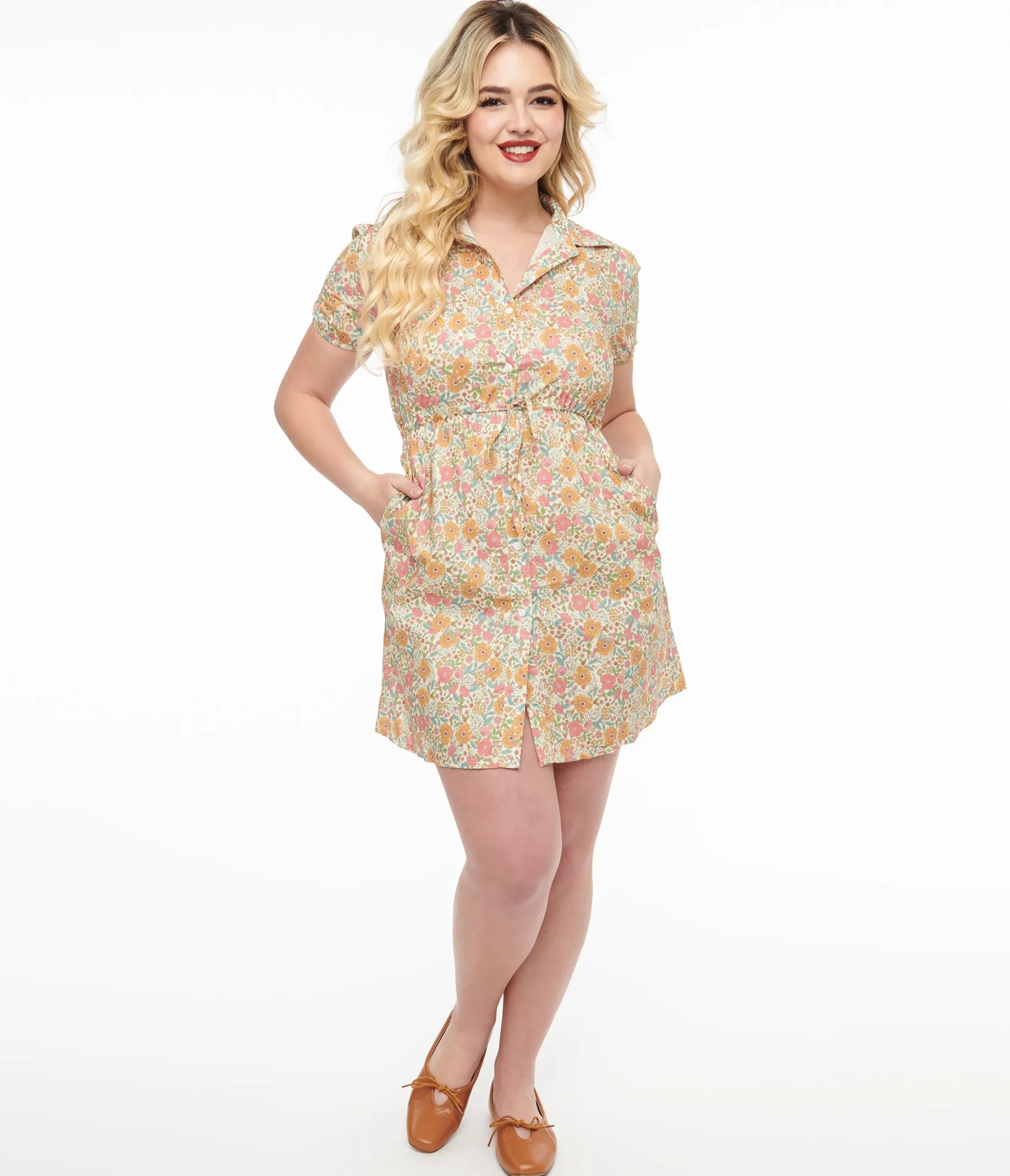 Unique Vintage Yellow Floral Cotton Shirt Dress Flash Sale